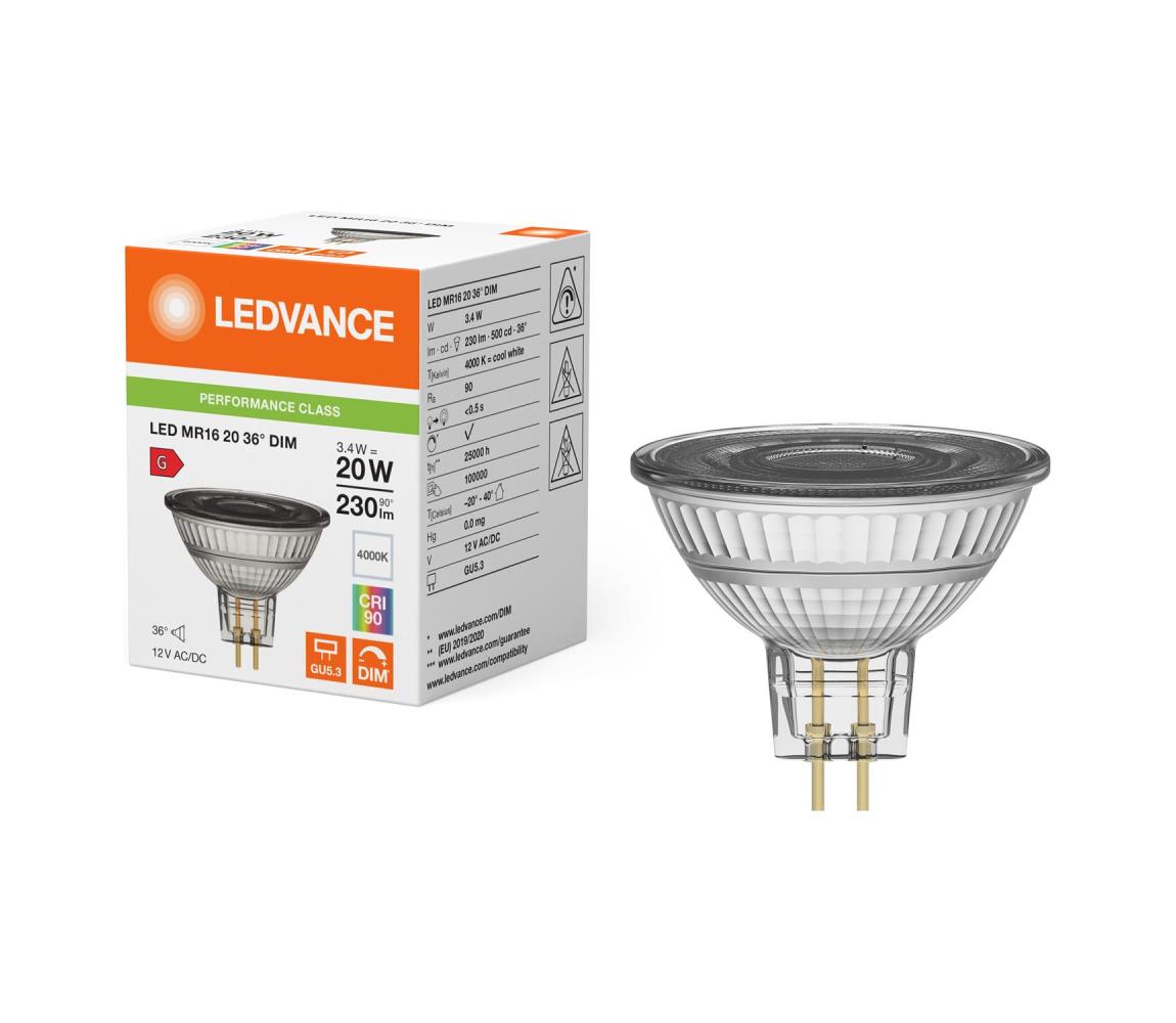 LED Stmievateľná reflektorová žiarovka MR16 GU5,3/3,4W/12V 4000K 36° CRI 90 - Ledvance 4099854070617