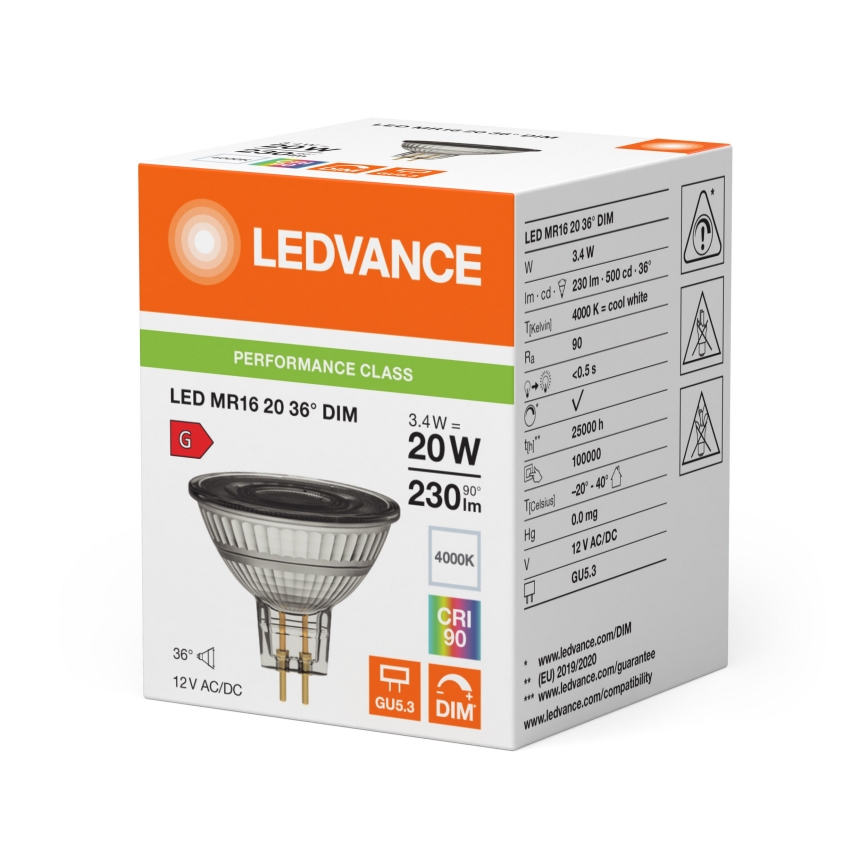 LED Stmievateľná reflektorová žiarovka MR16 GU5,3/3,4W/12V 4000K 36° CRI 90 - Ledvance