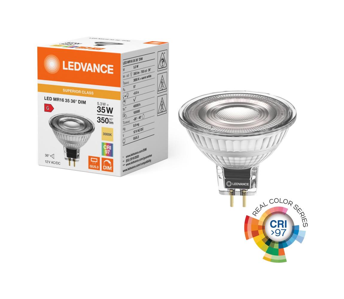 LED stmievateľná reflektorová žiarovka MR16 GU5,3/5,3W/12V 3000K 36° CRI 97 - Ledvance 4099854058837