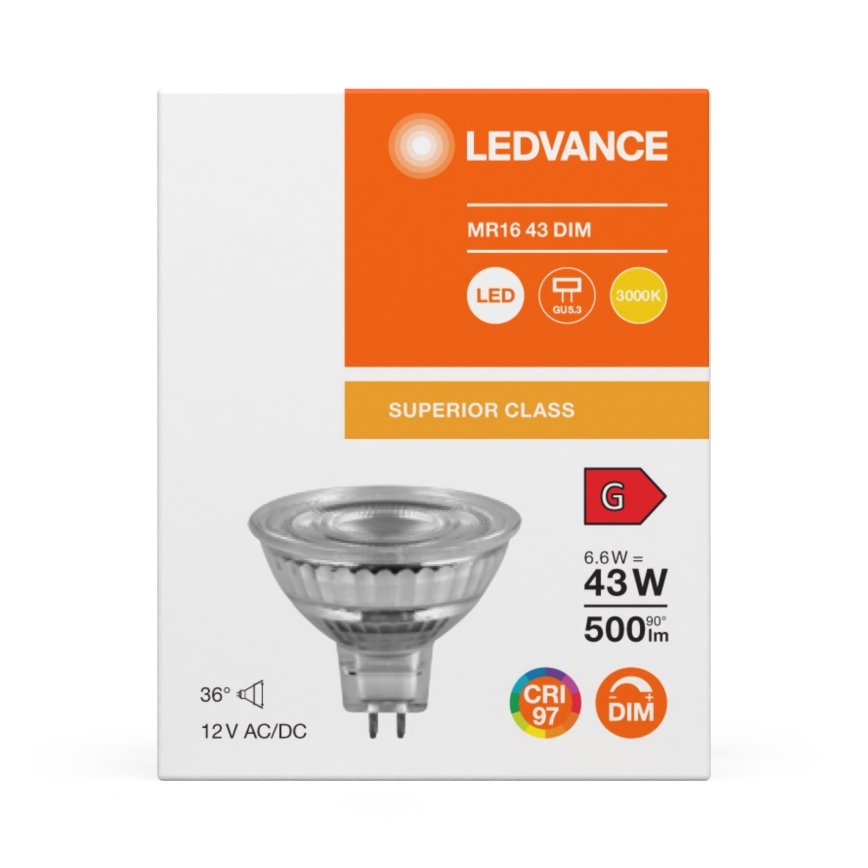LED Stmievateľná reflektorová žiarovka MR16 GU5,3/6,6W/12V 3000K 36° CRI 97 - Ledvance