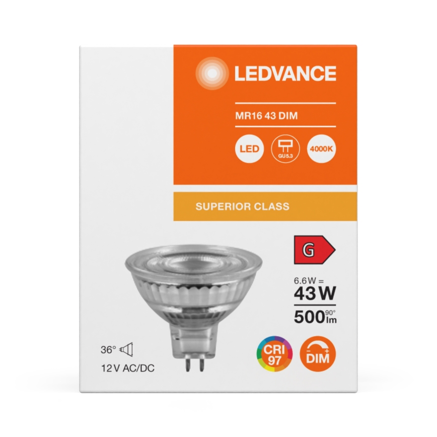 Stmievateľná LED reflektorová žiarovka MR16 GU5,3/6,6W/12V 4000K 36° CRI 97 - Ledvance