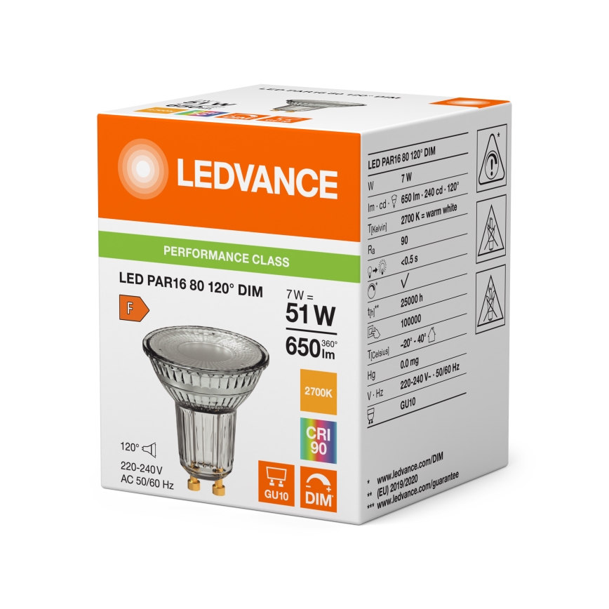 LED Stmievateľná reflektorová žiarovka PAR16 GU10/7W/230V 2700K 120° CRI 90 - Ledvance