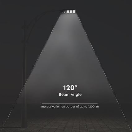Pouličná lampa svieti na tmavú plochu. Uhol svetelného lúča je 120°. Výstup lúmenu až do 1200 lm.
