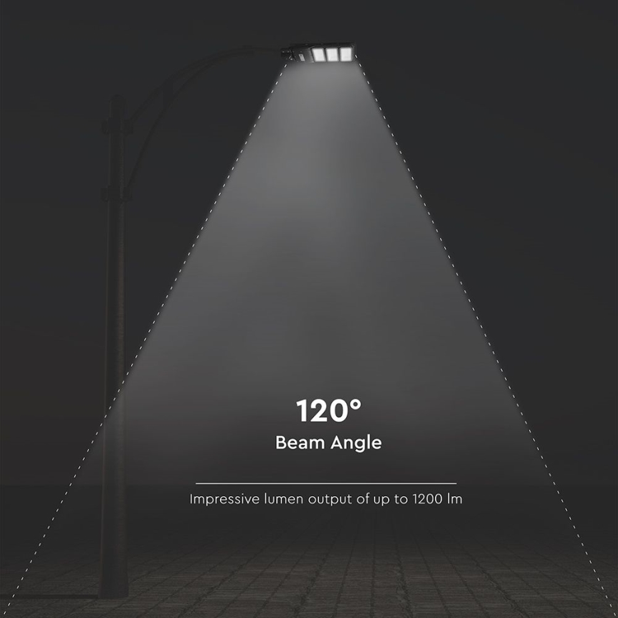 Pouličná lampa svieti na tmavú plochu. Uhol svetelného lúča je 120°. Výstup lúmenu až do 1200 lm.