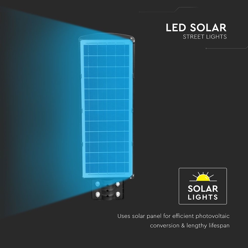 Solárny pouličný LED svietidlo s panelom na premenu slnečnej energie na elektrickú energiu, s dlhou životnosťou. Používa solárny panel pre efektívnu fotovoltickú konverziu a dlhú životnosť.