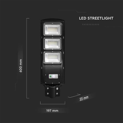 LED pouličné svietidlo s tromi LED panelmi s rozmermi 600 x 197 x 55 mm je zobrazené na tmavom pozadí. LED STREETLIGHT.