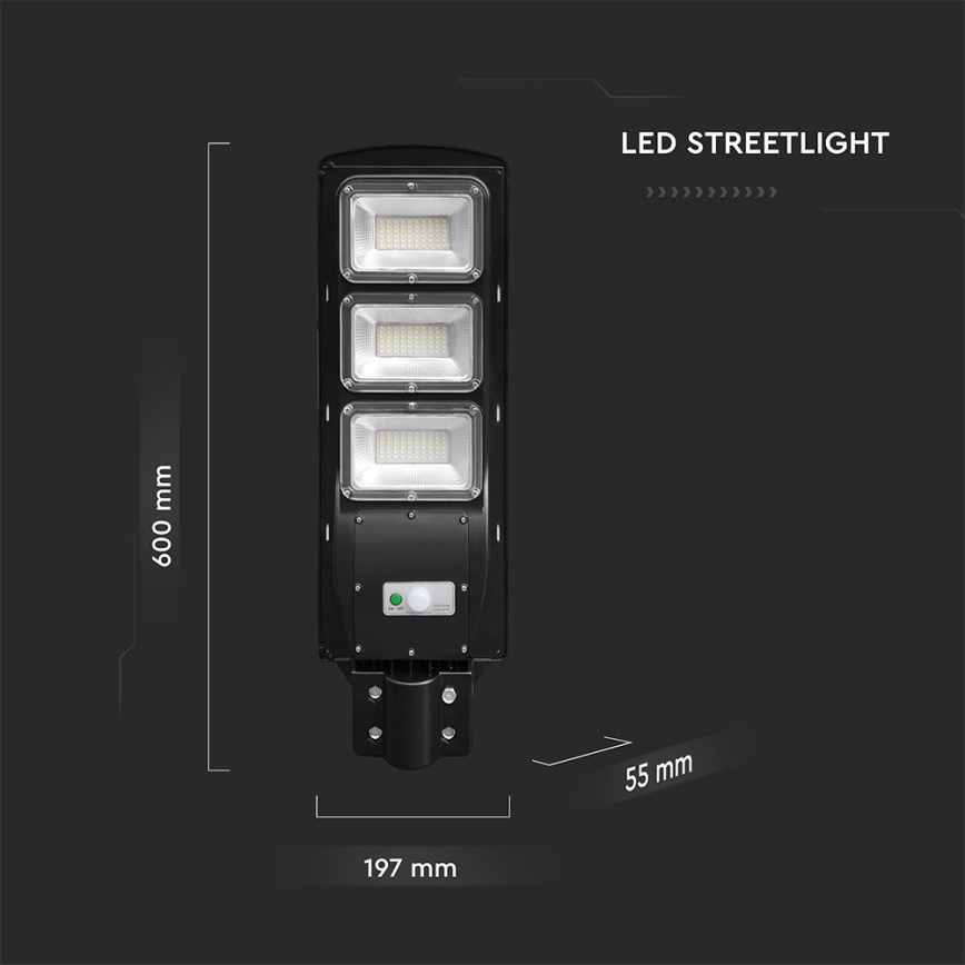 LED pouličné svietidlo s tromi LED panelmi s rozmermi 600 x 197 x 55 mm je zobrazené na tmavom pozadí. LED STREETLIGHT.
