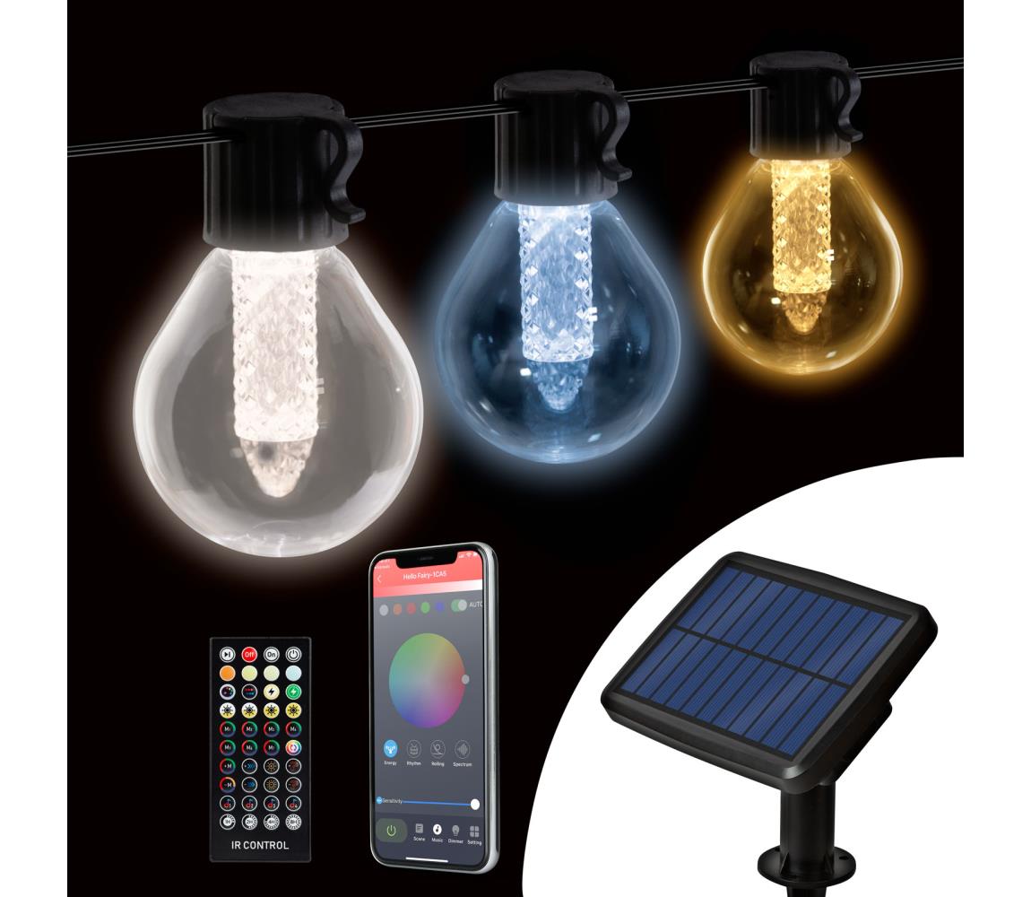 LED stmievateľná solárna svetelná reťaz 15xLED/1,5W/3,7/5V 2200 mAh 9 m IP65 čierna + diaľkové ovládanie 11743