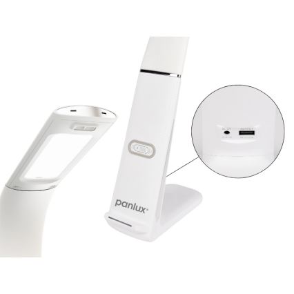 Biela stolná lampa Panlux s ohybným ramenom svieti. Má dotykové ovládanie a nabíjací port (DC 12V, OUTPUT 5V/2A). Lampa stojí na širokej základni.