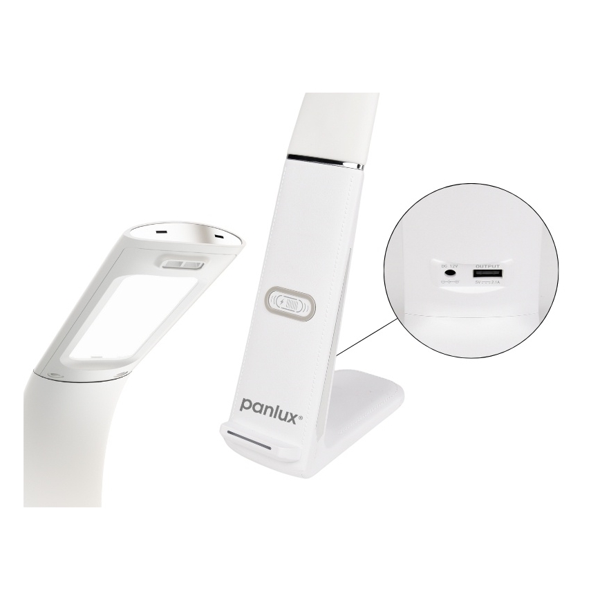 Biela stolná lampa Panlux s ohybným ramenom svieti. Má dotykové ovládanie a nabíjací port (DC 12V, OUTPUT 5V/2A). Lampa stojí na širokej základni.