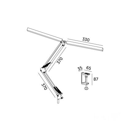 Lampy s dvoma ramenami a svorkou sa upevňuje na stôl. Ramená majú dĺžky 370 a 330 mm, svorka 35x65x87 mm.