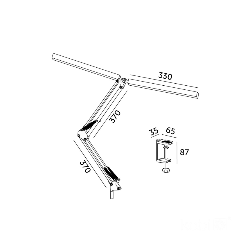 Lampy s dvoma ramenami a svorkou sa upevňuje na stôl. Ramená majú dĺžky 370 a 330 mm, svorka 35x65x87 mm.