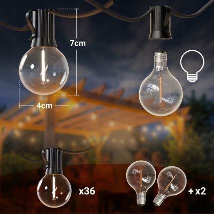 LED stmievateľná vonkajšia dekoratívna svetelná reťaz 36xE12/1W/24/230V 22,35 m IP65 čierna + diaľkové ovládanie