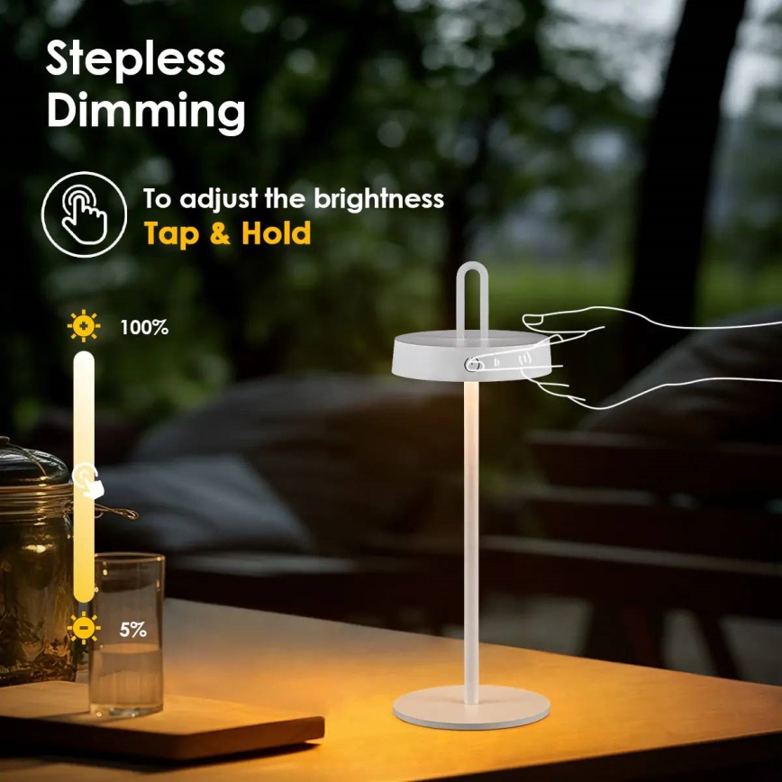 LED Stlmiteľná vonkajšia nabíjacia dotyková stolná lampa SHINE LED/1,5W/3,7V 3000 mAh IP44 biela