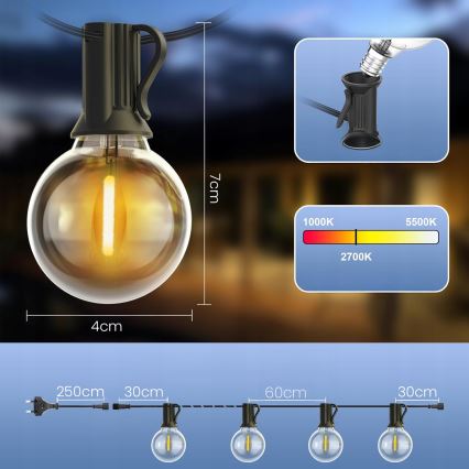 LED stmievateľný vonkajší dekoratívny svetelný reťazec 25xE12/1W/24/230V 17,5 m IP65 čierny + diaľkové ovládanie