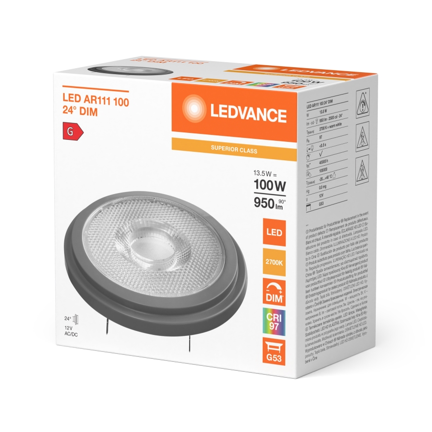 LED stmievateľná žiarovka AR111 G53/13,5W/12V 2700K 24° CRI 97 - Ledvance