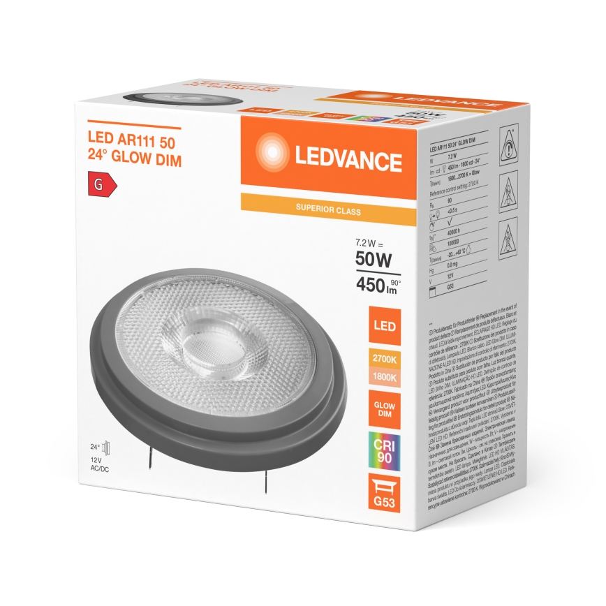 LED stmievateľná žiarovka AR111 G53/7,2W/12V 1800-2700K 24° CRI 90 - Ledvance