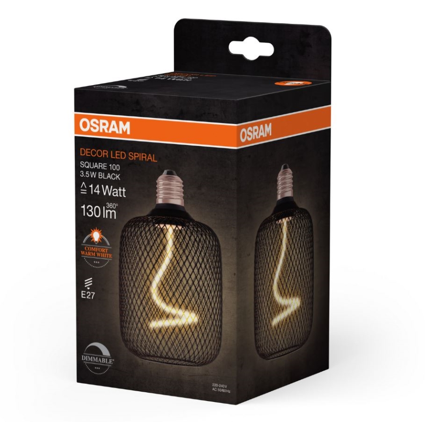 LED žiarovka OSRAM DECOR LED SPIRAL SQUARE 100, 3,5 W, čierna, je zabalená v kartónovej škatuľke. Žiarovka má tvar špirály, je umiestnená v kovovej klietke a má teplú bielu farbu svetla. Balenie uvádza: 14 W, 130 lm, E27, stmievateľná.