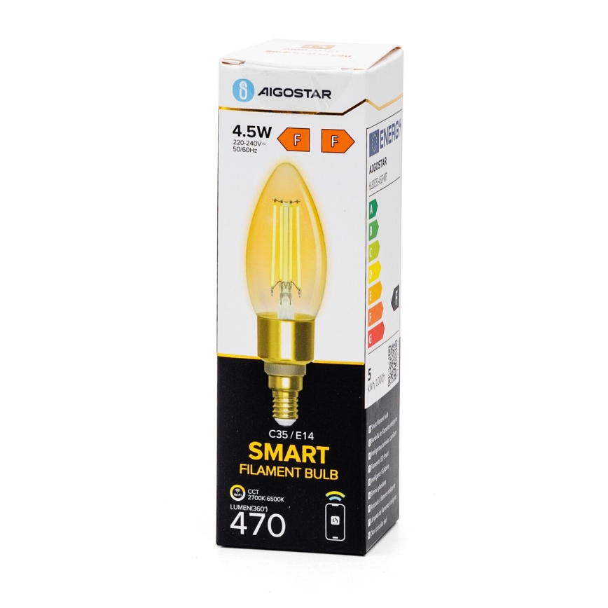 LED Stmievateľná žiarovka FILAMENT C35 E14/4,5W/230V 2700-6500K Wi-Fi - Aigostar
