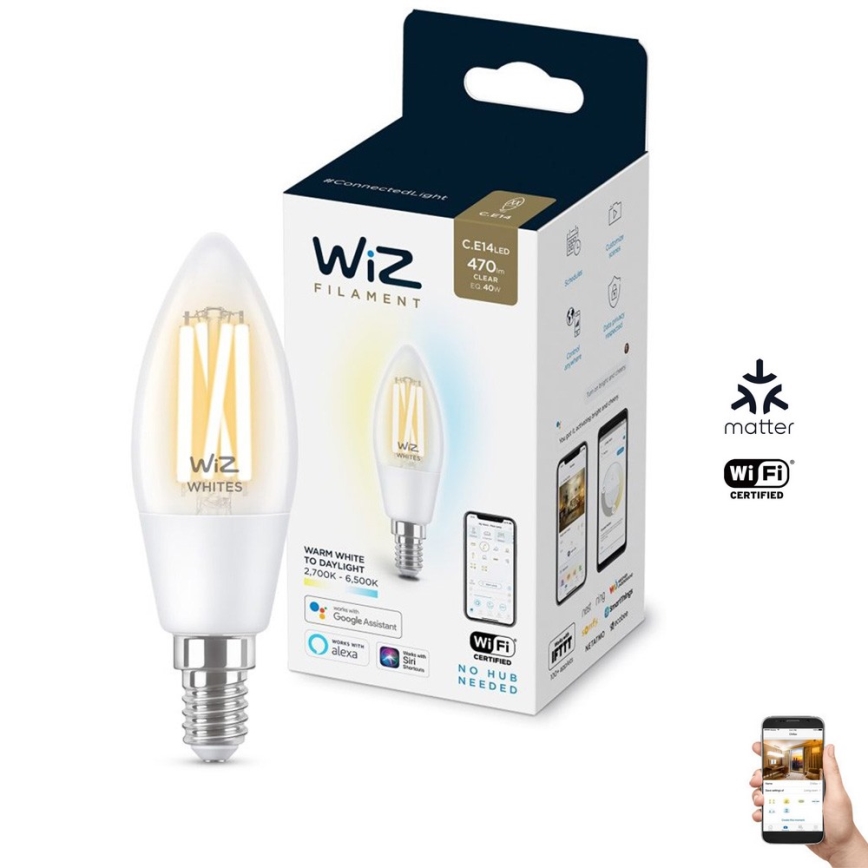 LED Stmievateľná žiarovka FILAMENT C35 E14/4,9W/230V 2700-6500K CRI 90 Wi-Fi - WiZ