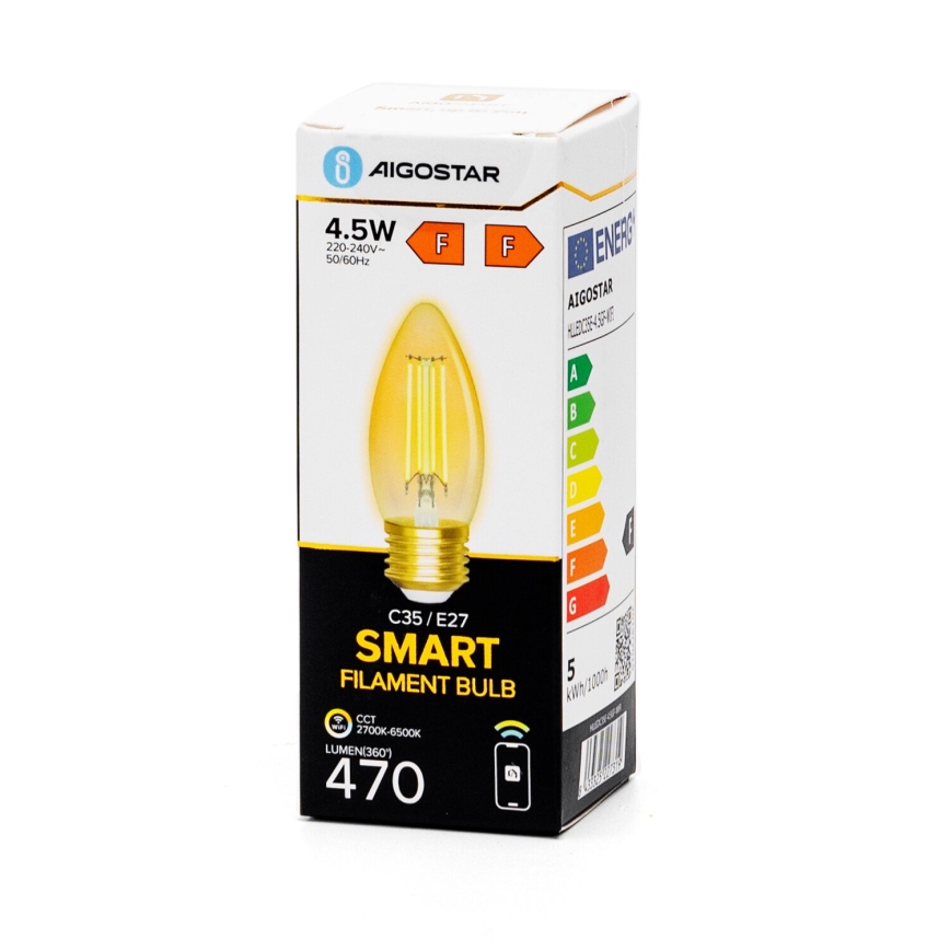 LED Stmievateľná žiarovka FILAMENT C35 E27/4,5W/230V 2700-6500K Wi-Fi - Aigostar