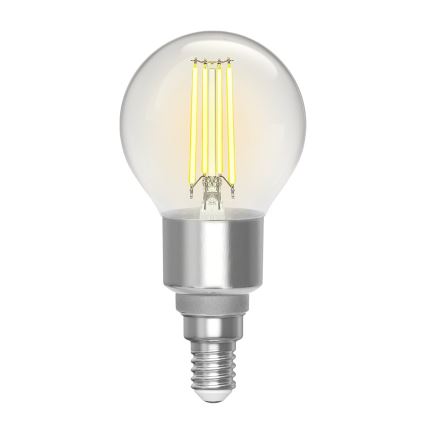 LED žiarovka svieti. Má guľový tvar s priehľadným sklom a kovový stredový držiak. Je zobrazená na bielom pozadí.