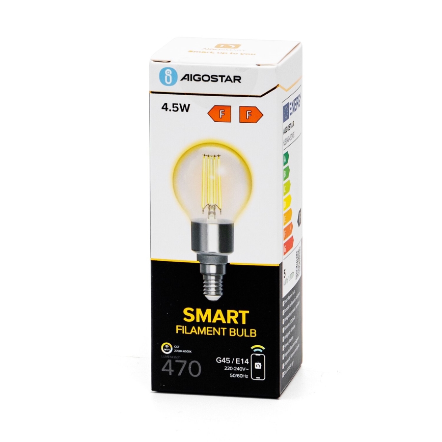 LED žiarovka s vláknom, v balení, s označením „SMART FILAMENT BULB“, „470“, „G45/E14“, „220-240V“, „50/60Hz“. Balenie ukazuje žiarovku s teplým svetlom.