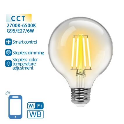 LED Stmievateľná žiarovka FILAMENT G95 E27/6W/230V 2700-6500K Wi-Fi - Aigostar