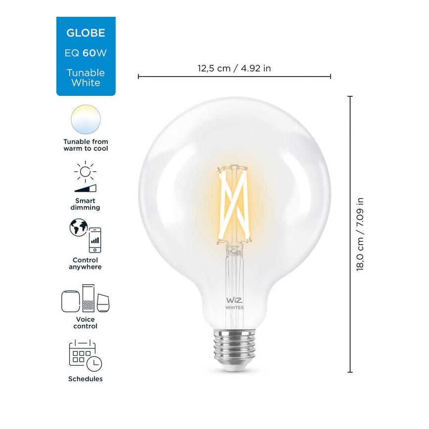 LED Stmievateľná žiarovka FILAMENT G125 E27/7W/230V 2700-6500K CRI 90 Wi-Fi - WiZ