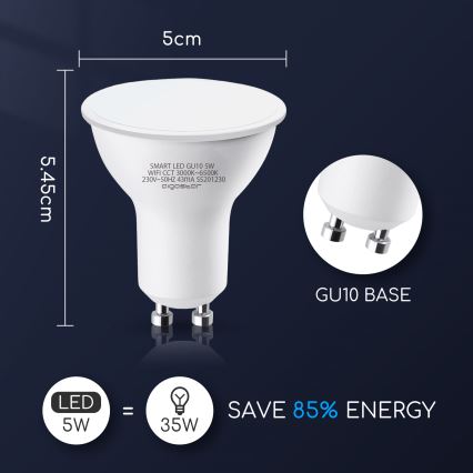 LED Stmievateľná žiarovka GU10/5W/230V 3000-6500K Wi-Fi - Aigostar
