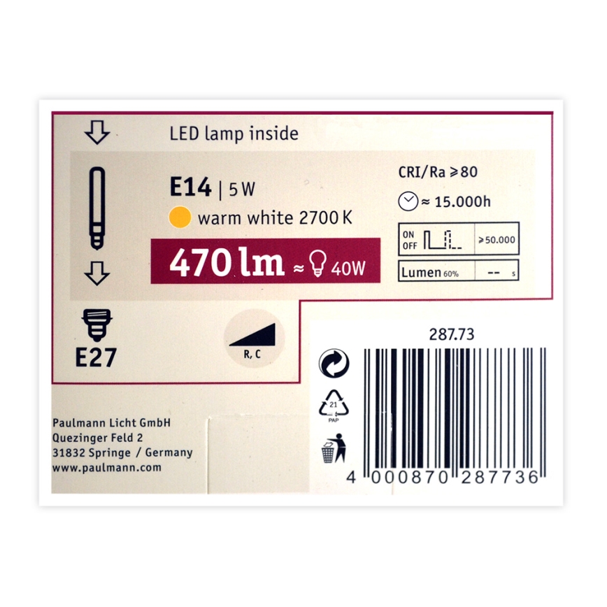LED Stmievateľná žiarovka INNER G95 E27/5W/230V 2700K - Paulmann 28773