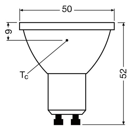 Žiarovka s rozmermi 50x52 mm a výškou 9 mm je znázornená v čelnom pohľade s technickým výkresom. Je zobrazená s označením Tc.