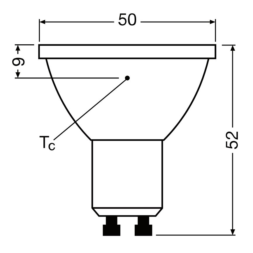 Žiarovka s rozmermi 50x52 mm a výškou 9 mm je znázornená v čelnom pohľade s technickým výkresom. Je zobrazená s označením Tc.