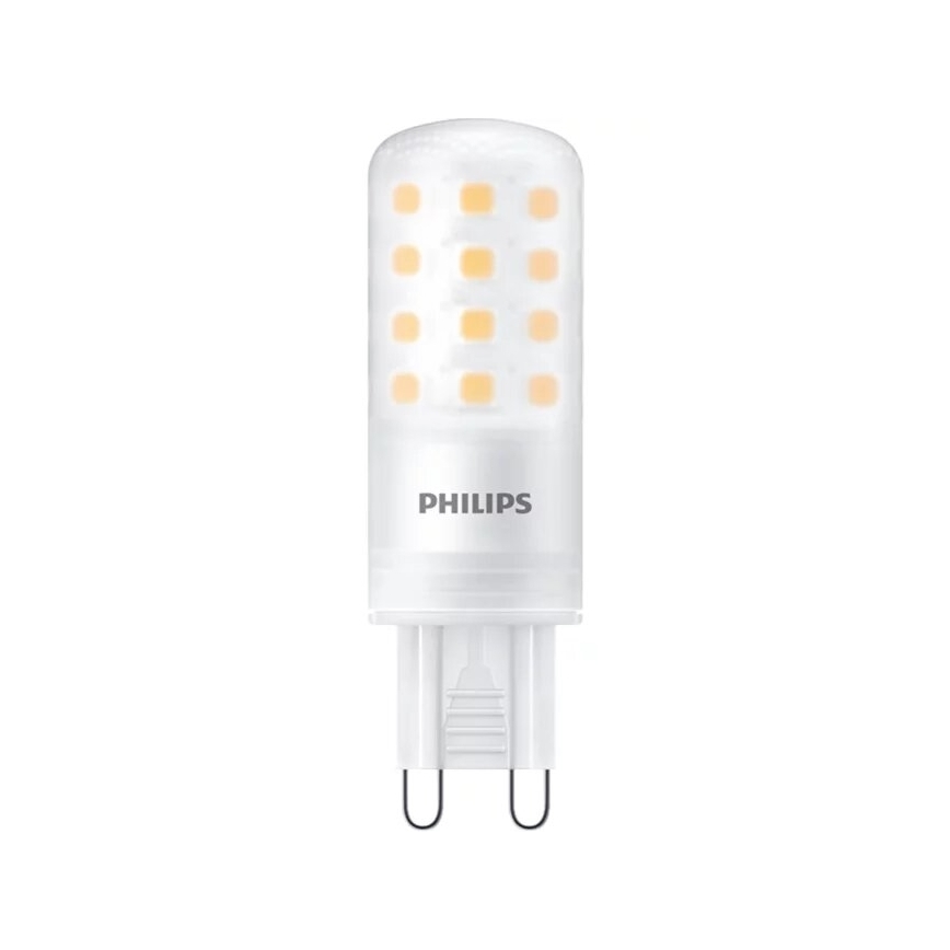 LED žiarovka Philips svieti, má valcovitý tvar a je vybavená dvoma kolíkmi pre zapojenie. Na tele žiarovky je vytlačené logo „PHILIPS“.