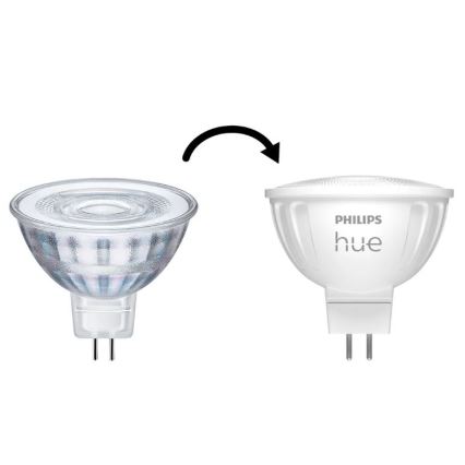 Dve LED žiarovky typu GU10; jedna je transparentná, druhá biela s nápisom „PHILIPS hue“; šípka znázorňuje výmenu.
