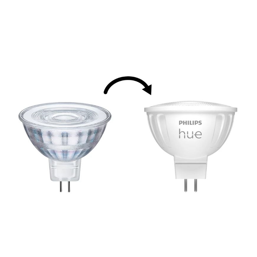Dve LED žiarovky typu GU10; jedna je transparentná, druhá biela s nápisom „PHILIPS hue“; šípka znázorňuje výmenu.