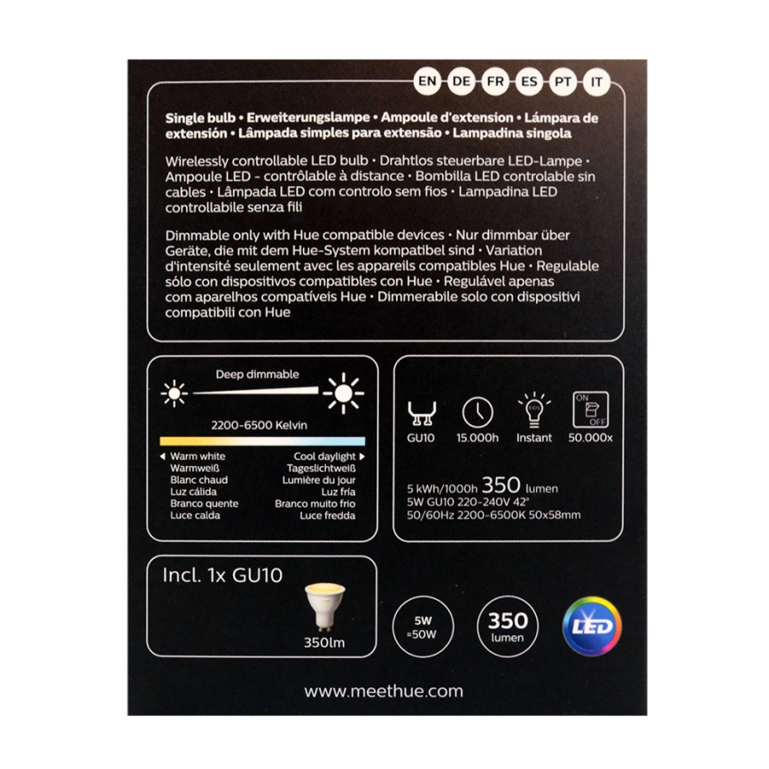 LED Stmievateľná žiarovka Philips Hue WHITE AMBIANCE 1xGU10/4,3W/230V 2200-6500K