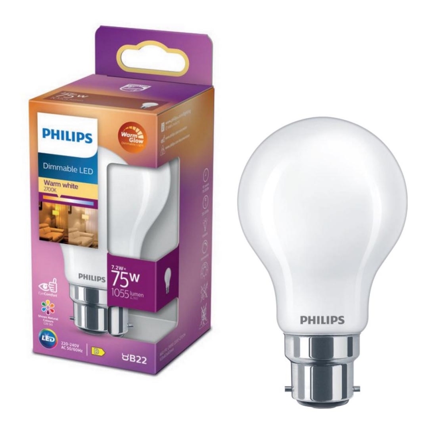 LED Stmievateľná žiarovka Philips Warm Glow A60 B22/7,2W/230V 2200-2700K CRI 90