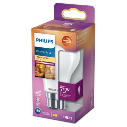 LED Stmievateľná žiarovka Philips Warm Glow A60 B22/7,2W/230V 2200-2700K CRI 90