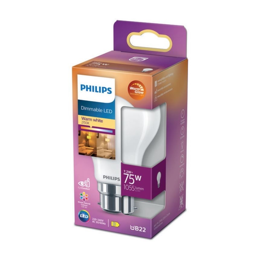 LED Stmievateľná žiarovka Philips Warm Glow A60 B22/7,2W/230V 2200-2700K CRI 90