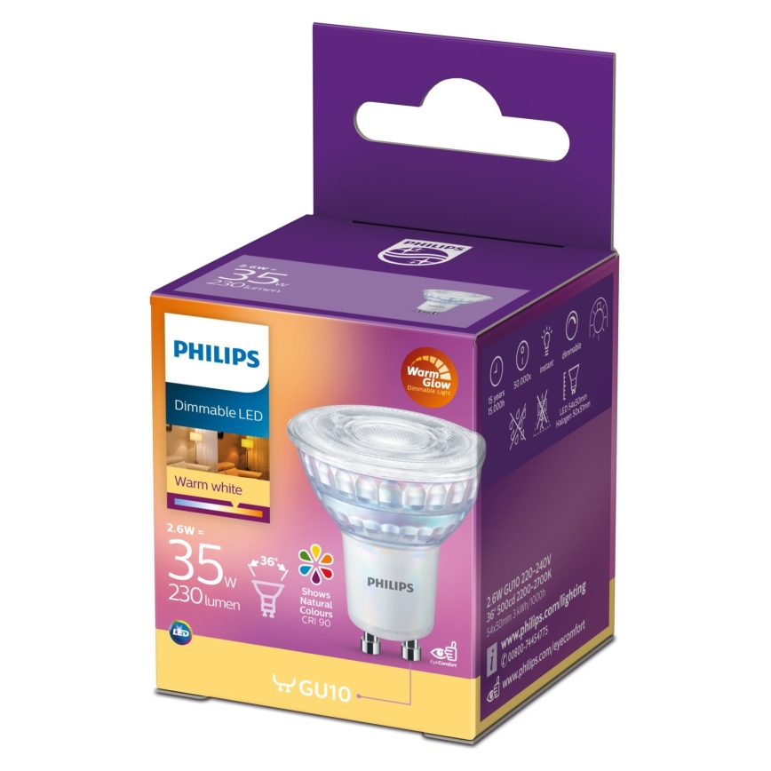 LED Stmievateľná žiarovka Philips Warm Glow GU10/2,6W/230V 2200-2700K CRI 90