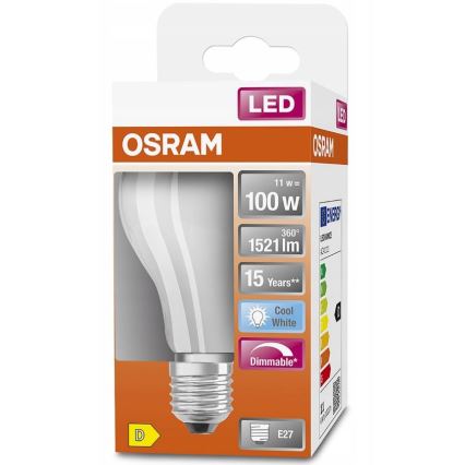 LED žiarovka OSRAM je zobrazená v balení. Balenie uvádza: 11 W = 100 W, 360°, 1521 lm, 15 rokov, chladná biela, stmievateľná, E27.