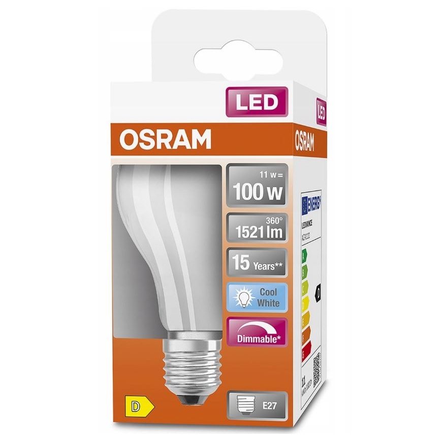 LED žiarovka OSRAM je zobrazená v balení. Balenie uvádza: 11 W = 100 W, 360°, 1521 lm, 15 rokov, chladná biela, stmievateľná, E27.