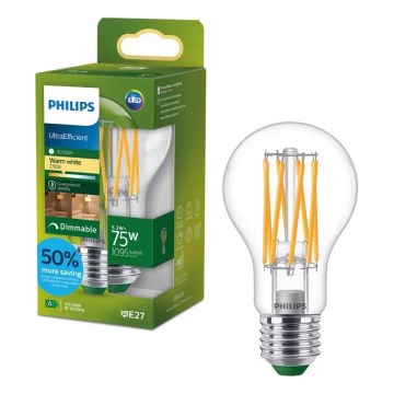 LED stmievateľná žiarovka ULTRAEFFICIENT VINTAGE Philips A60 E27/5,2W/230V 2700K