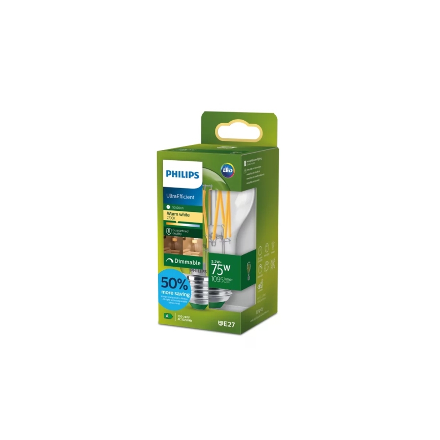 LED stmievateľná žiarovka ULTRAEFFICIENT VINTAGE Philips A60 E27/5,2W/230V 2700K