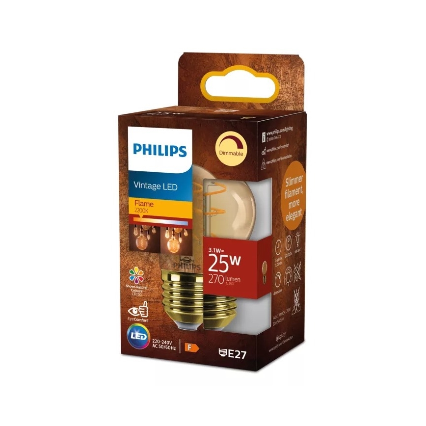 LED stmievateľná žiarovka VINTAGE Philips P45 E27/3,1W/230V 2200K CRI 90