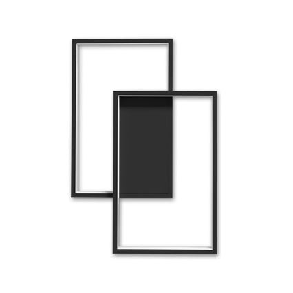 Dve prekrývajúce sa obdĺžnikové svietidlá s vnútorným čiernym panelom a tenkým bielym osvetlením sú umiestnené na bielom pozadí.