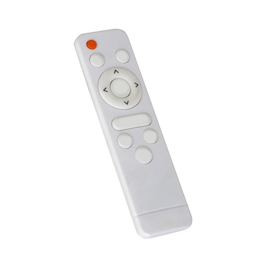 Biely diaľkový ovládač leží na bielom pozadí. Ovládač má tlačidlá na navigáciu a ovládanie. Obsahuje kruhový ovládač a niekoľko ďalších tlačidiel.