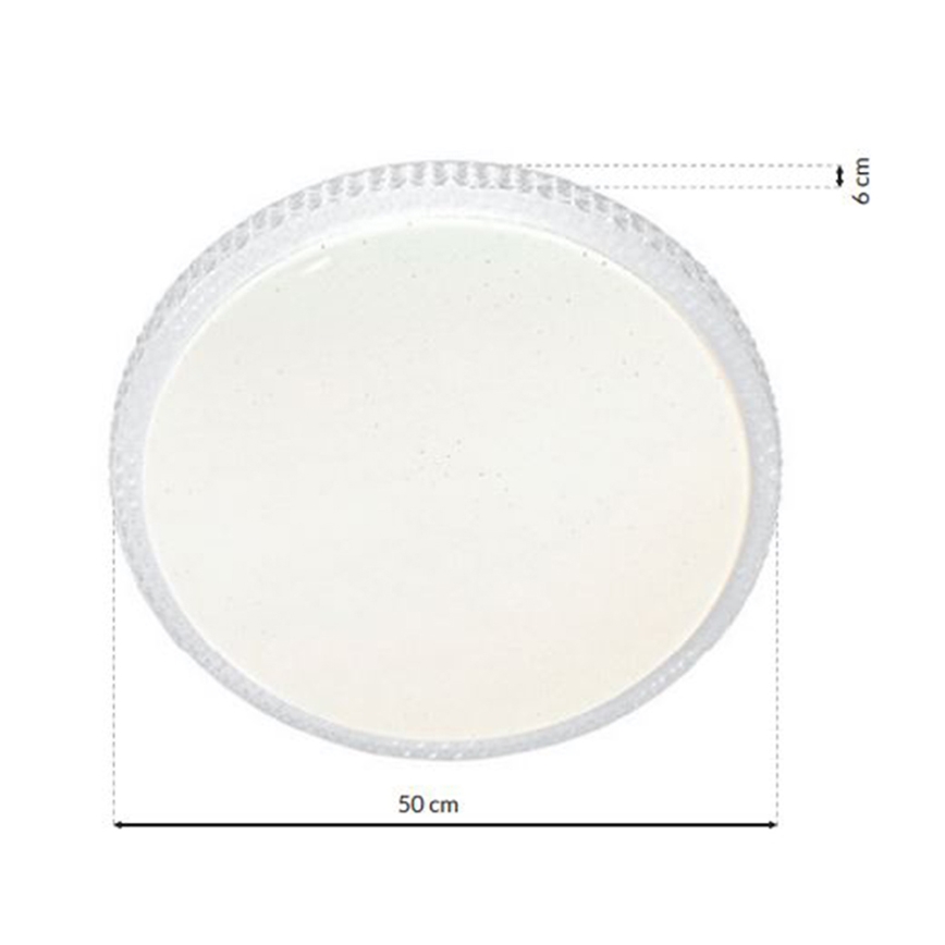 Okrúhle stropné svetlo s priemerom 50 cm a výškou 6 cm, je zobrazené zhora, s mliečnobielym difúzorom.