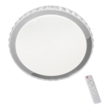Okrúhle stropné LED svietidlo s priehľadným krytom a strieborným lemom je zobrazené spolu s diaľkovým ovládaním.